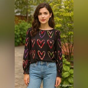 Desigual Heart Print Blouse M Black Multicolor Boho Romantic Art Top